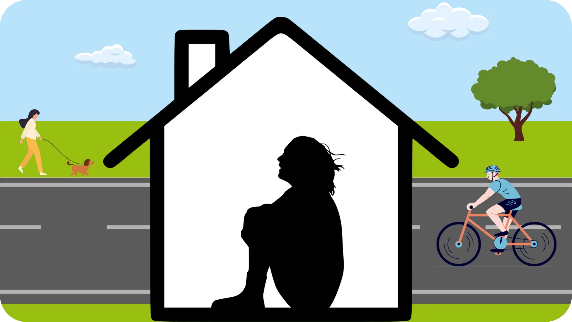 A silhouette of a person inside a house looking upset and anxious with a colourful street scene outside.