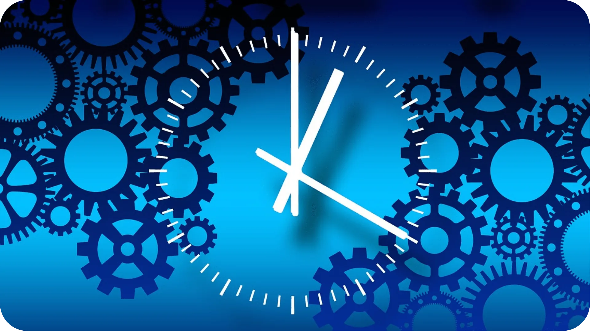 A large white clock in the centre with dark blue cogs behind it, on a lighter blue background.