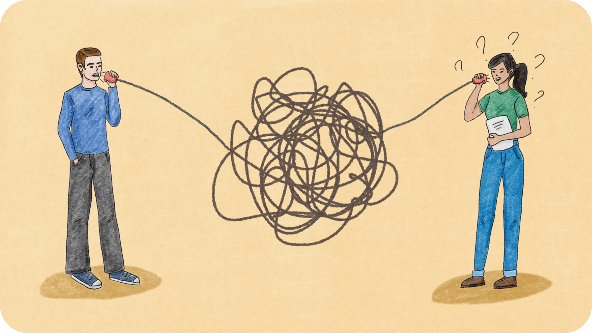 Two people using a cup and string telephone, with a big tangle in the middle so the message isn't getting through.