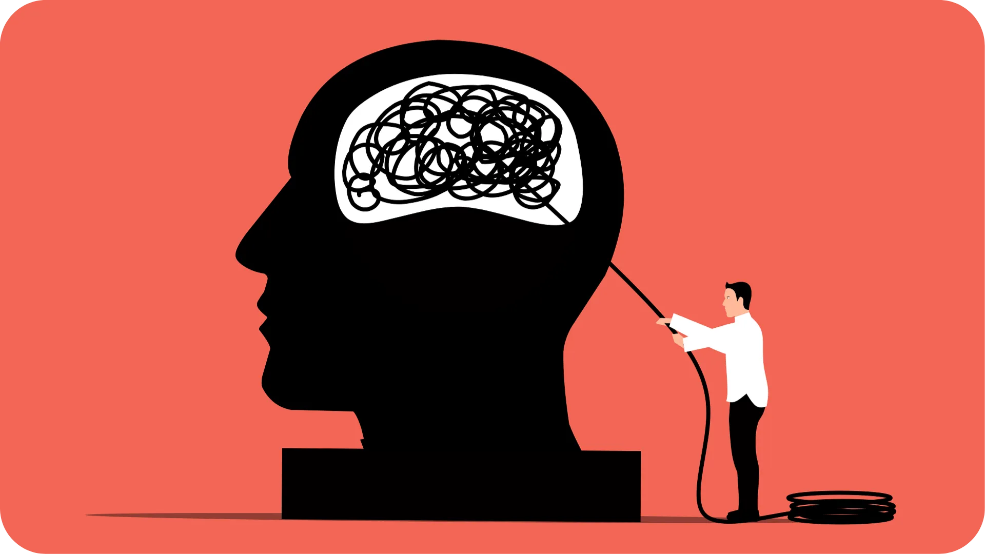 A large silhouette of a persons head, with a tangle of thread showing where the brain should be, and a person on the outside pulling the thread. The image is to symbolise confusion.