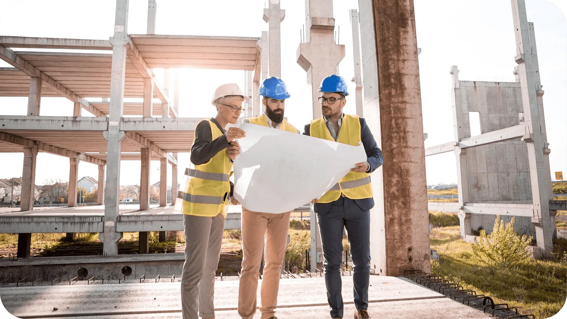 Construction workers on a building site.