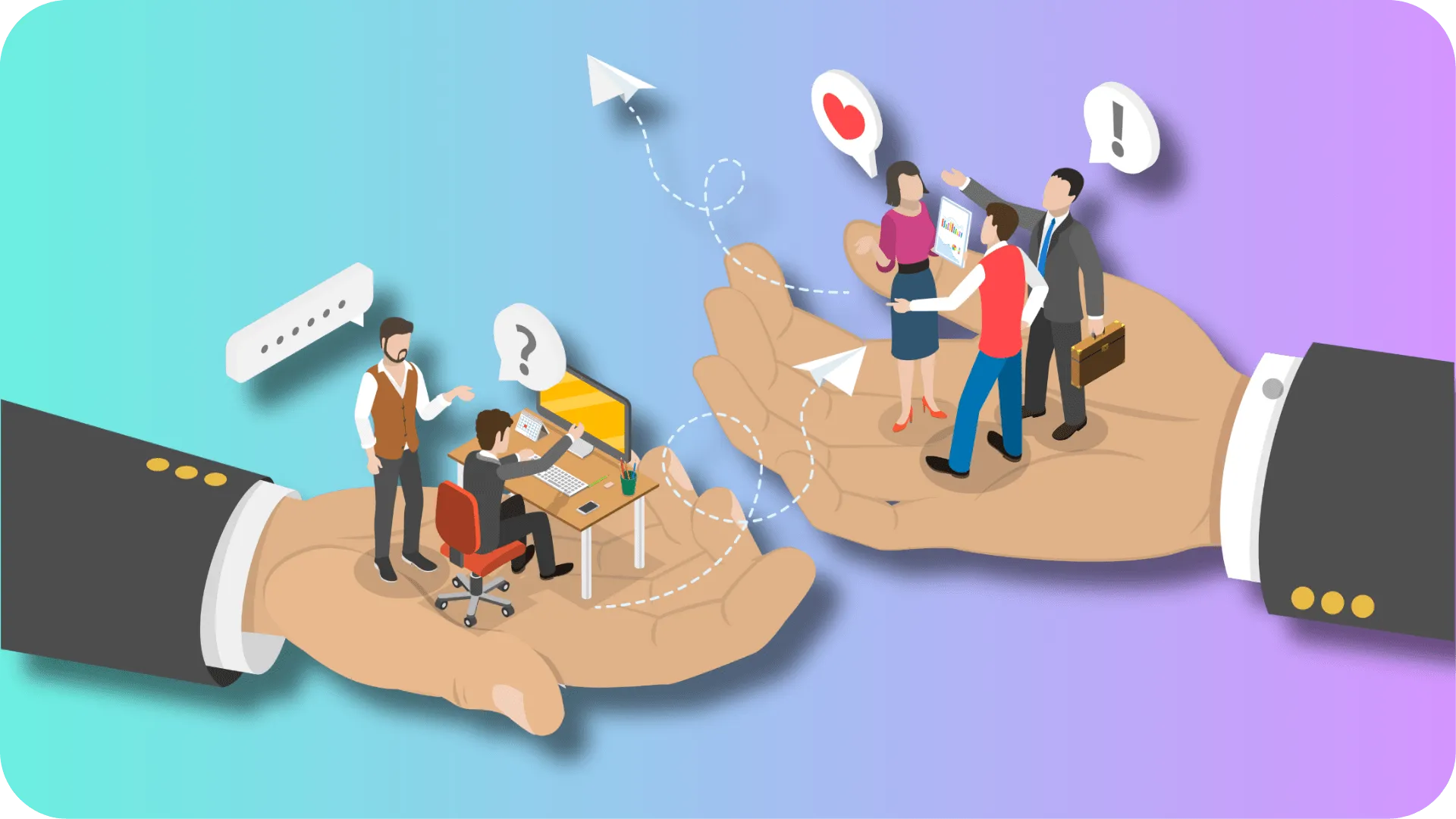 Illustration of a business mans hands holding his employees while they interact with each other at work. With a turquoise and purple gradient background.