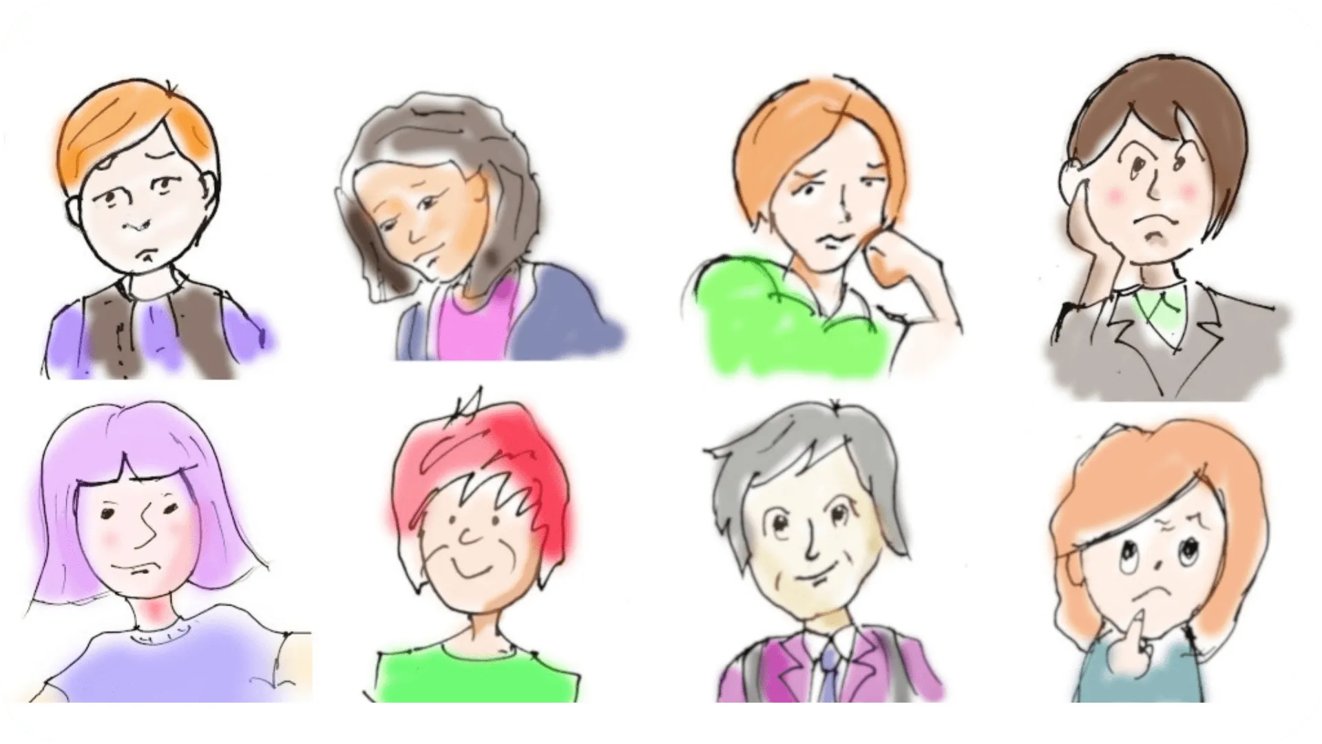 Two rows of four drawn characters from the shoulders up