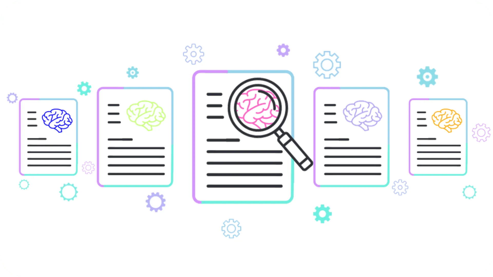 Illustration of a row of reports on a brain profile, with the middle one being inspected closer with a magnifying glass, with cogs surrounding the profiles to signify cognitive diversity.