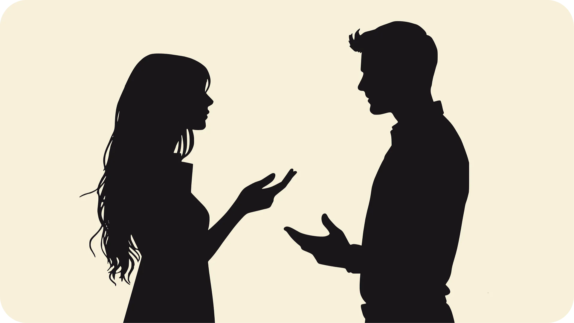 “Silhouette of two people talking on a pale yellow background.”